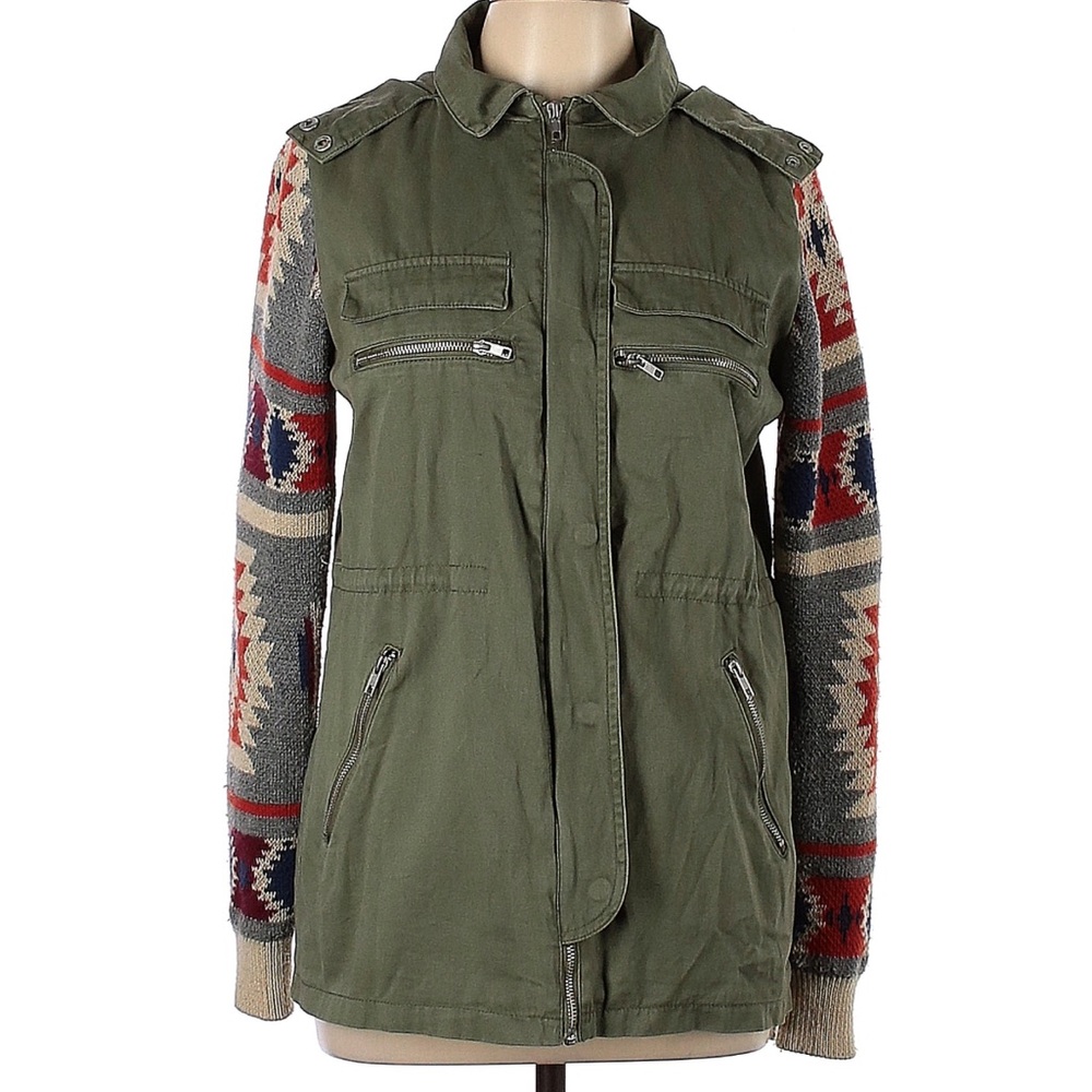 Thread & Supply Army Green Utility Jacket with Aztec Patterned Sleeves